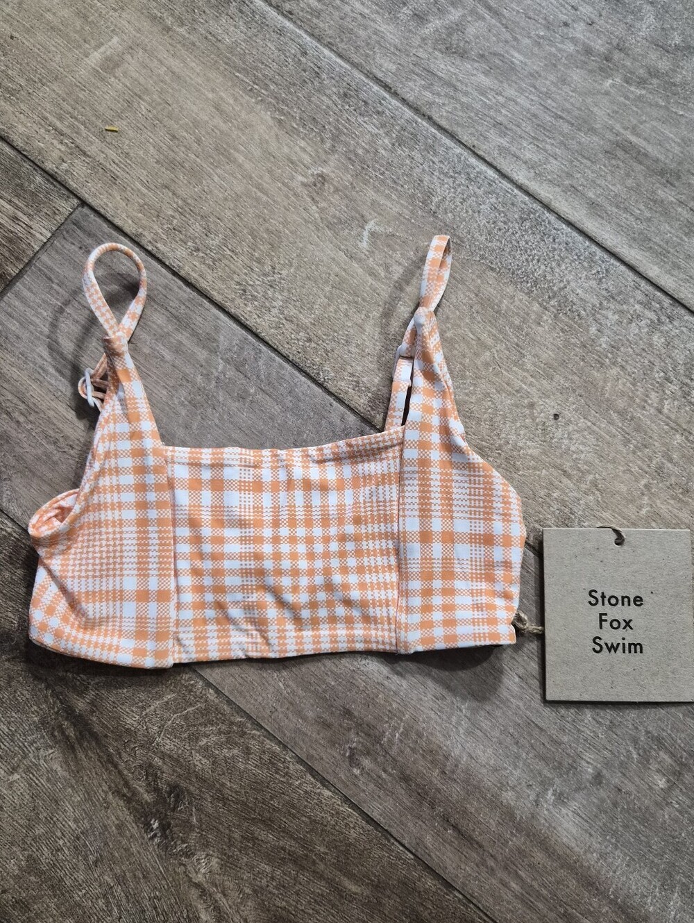 Nwt Stone Fox Swim Mini Girls Orange And White Plaid Bikini Top Size 5T
